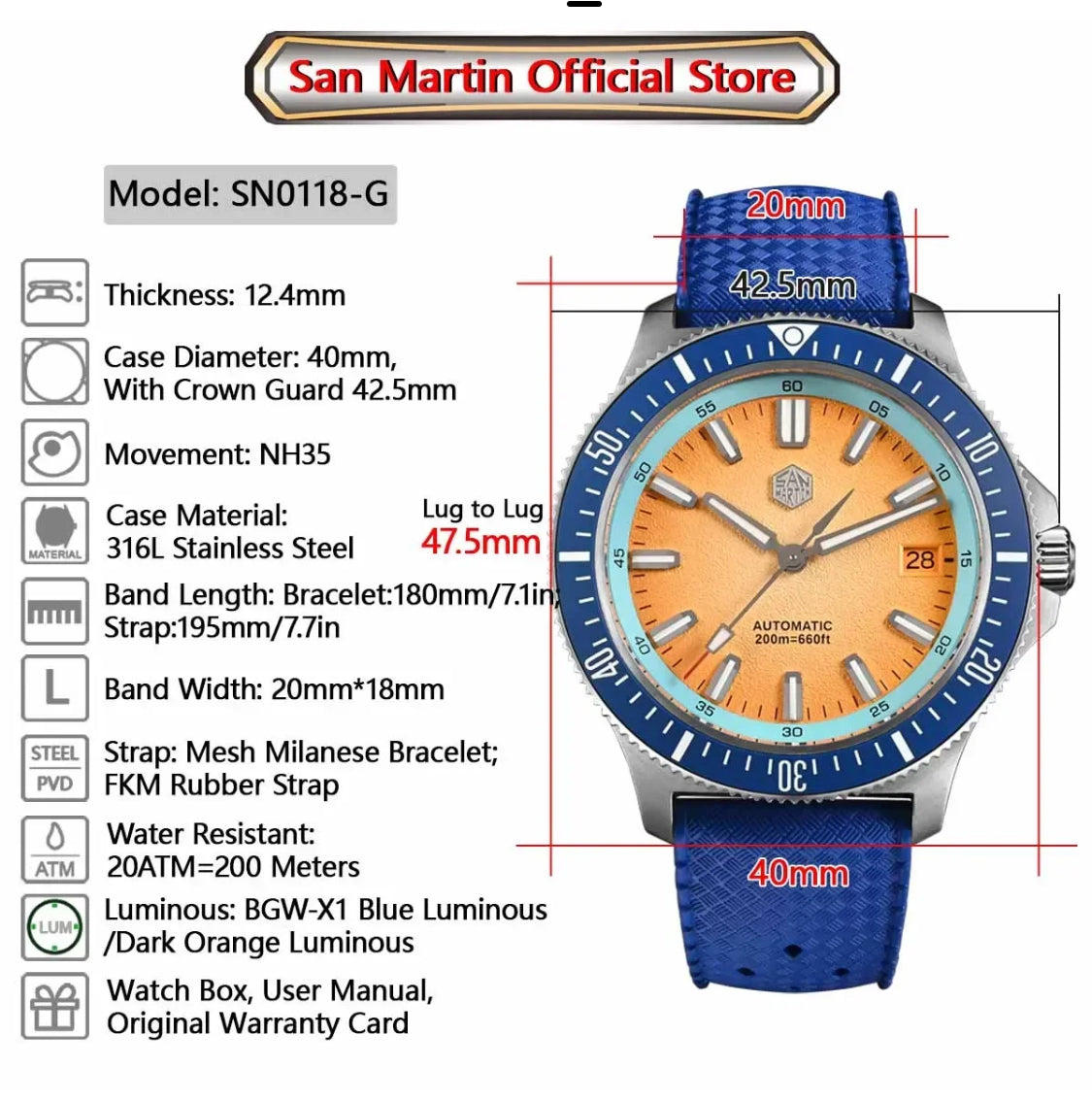 San Martin 40mm Dive Watch Original Design NH35 Automatic Mechanical Fashion Men Watch Sapphire Waterproof 200m Luminous SN0118
