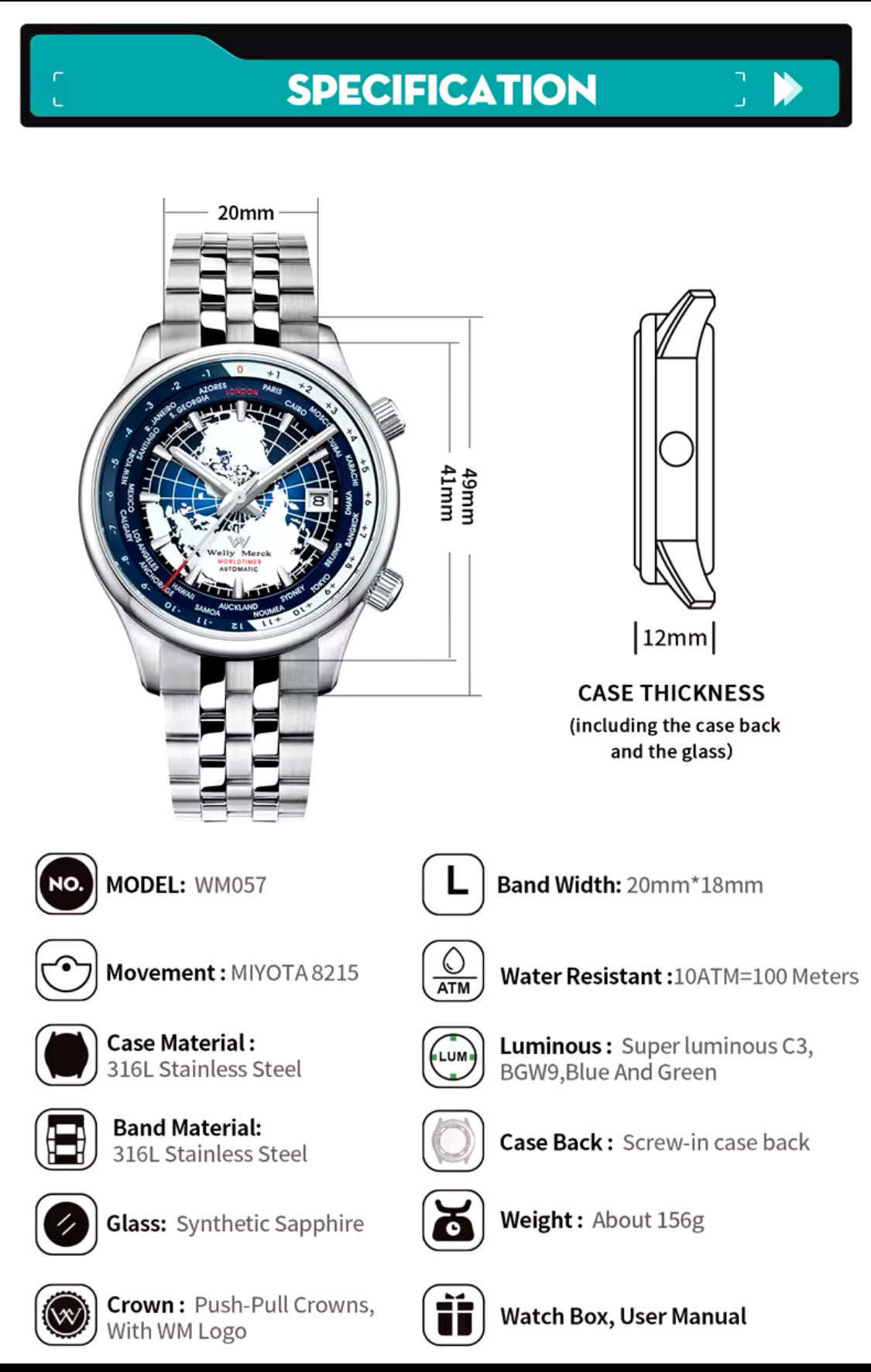 WM Watch Welly Merck Automatic Mechanical Mens Watch High Quality Sapphire World Time Original Recognized watch Brand WM057