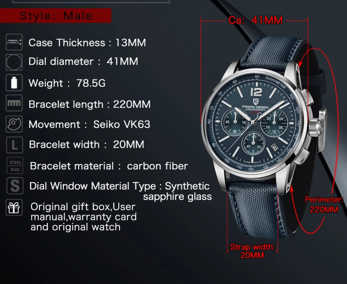 PAGANI DESIGN 2024 New Luxury Fashion Casual Men Quartz Watches VK63 100M Water Resistant Sapphire Glass Stainless Steel Watches