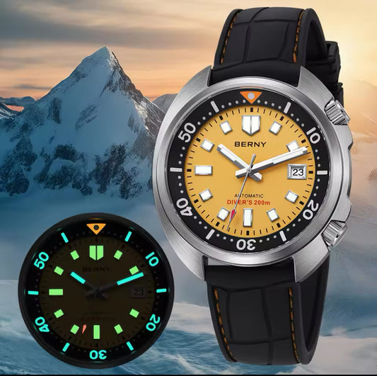 BERNY Automatic Diver Watch for Men Super Luminous Wristwatch Sapphire Swim Sport Mechanical 20ATM Compressor Diving Mens Watch