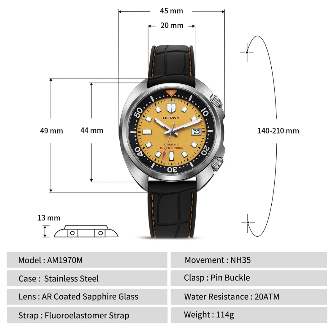 BERNY Automatic Diver Watch for Men Super Luminous Wristwatch Sapphire Swim Sport Mechanical 20ATM Compressor Diving Mens Watch